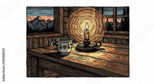Wooden table with candle and coffee cup by mountain windows illustration