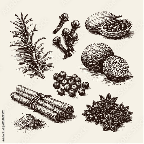 Hand drawn engraving style collection of organic kitchen spices