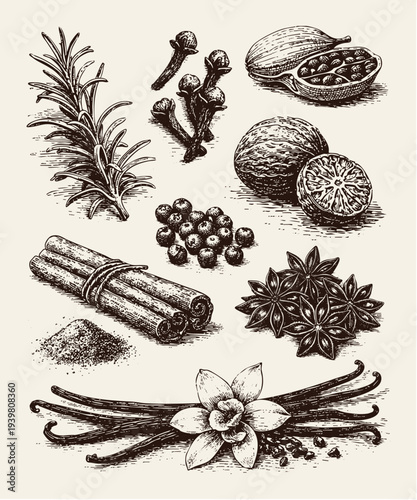 Hand drawn engraving style collection of organic kitchen spices