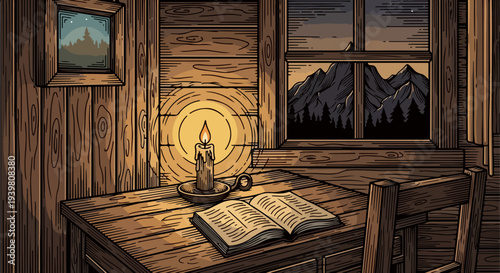 Wooden desk with lit candle open book and mountain window in cabin illustration