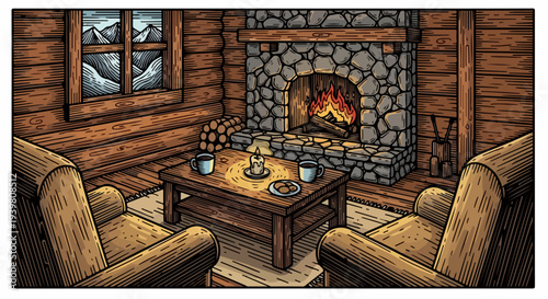 Log cabin lounge with stone fireplace, wooden chairs, bench and coffee table illustration