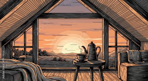 Attic room with large triangular window, bed, sofa and tea set at sunrise illustration