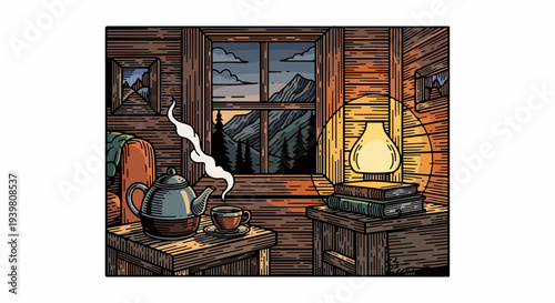 Wood cabin desk with kettle and cup, lamp, books and mountain window illustration