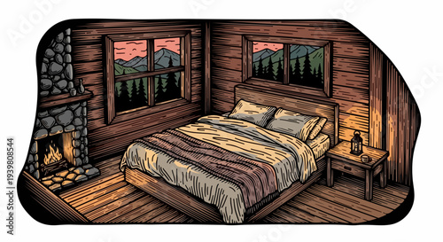 Cabin bedroom with bed, fireplace, bedside table and mountain windows illustration