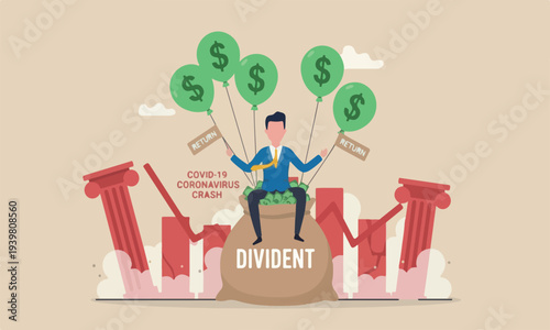  Dividend financial, businessman stock investor sitting on money bag with the word dividend floating with dollar sign balloons