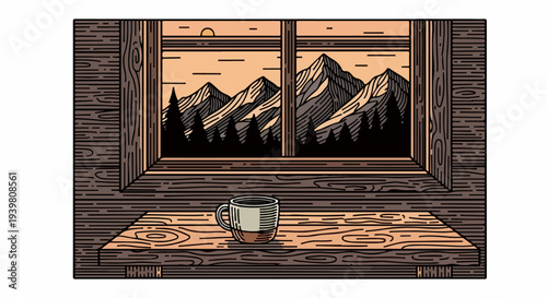 Wooden window frame with mountain landscape and coffee cup on ledge illustration
