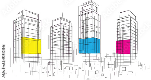 Stylized architectural wireframe of a commercial building cluster featuring vibrant yellow, cyan, and magenta digital billboard panels.