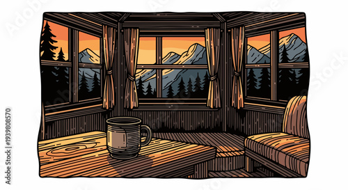 Wooden cabin bay window with mountain view and mug on table at sunset