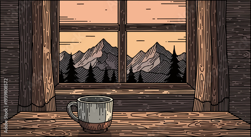 Cabin window with curtains overlooking mountains and mug on wooden table