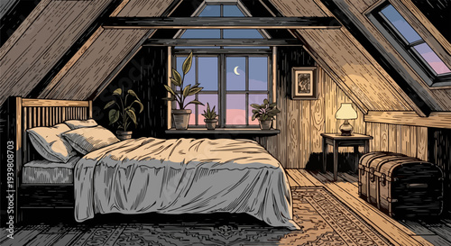 Attic bedroom with bed plants window moon skylights and side table lamp