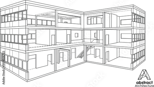 Three-story commercial building architectural cutaway featuring an isometric 3D view of internal floors, office partitions, and central staircase.