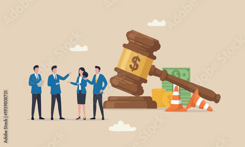 Workers injured benefit, legal or law to compensate payment concept, justice gavel with dollar money symbol and accident pylons.