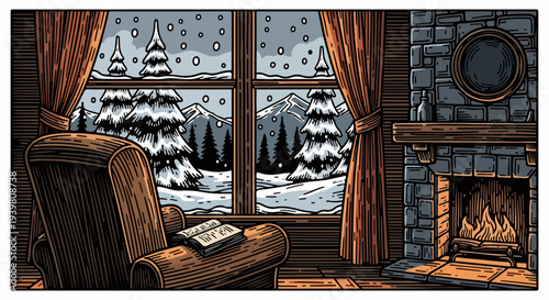 Living room armchair by snowy window with curtains and stone fireplace