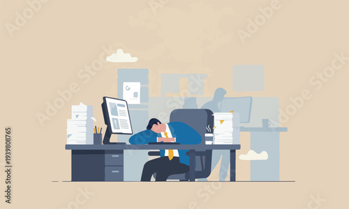 Quiet quitting work motivation, work boredom or morality, exhaustion or burn out from hard work without recognition concept, unhappy businessman sleeping while working at busy workplace.