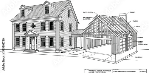 Three-quarter perspective of a traditional colonial residence and attached garage featuring a detailed exterior structural wireframe with framing annotations.