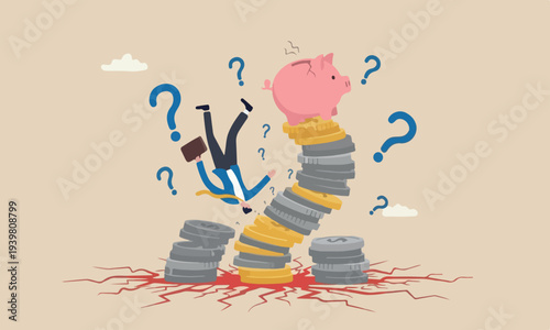 Financial instability pink piggy bank situation or economic recession, crisis or bankruptcy concept, businessman investor falling from stack of unstable money coins