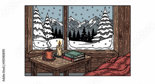Wood cabin window with snowy mountains table books candle and mug illustration