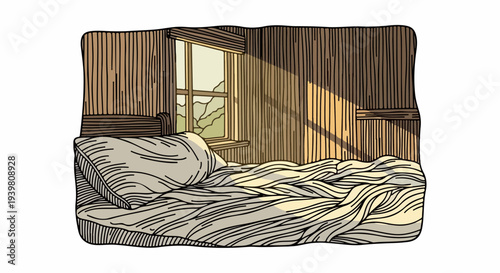 Bed in wooden cabin with window sunlight and mountain view illustration
