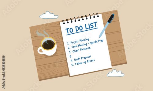  To Do List concept teams target paper note pad with handwritten headline as To Do List and numbers listed with coffee cup on wood table, writing business project with tasks priority