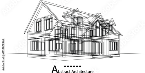 Transparent architectural wireframe of a two-story traditional residential home featuring multiple gabled roofs and internal structural volumes.