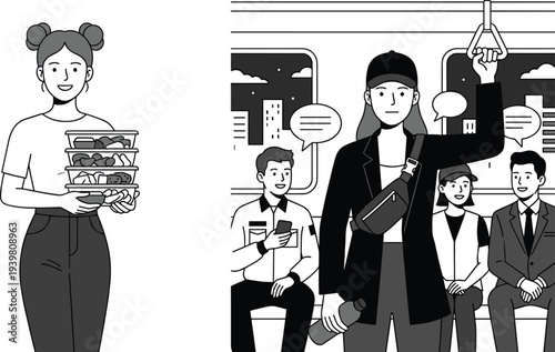 Urban commuter lifestyle illustration set featuring a character with meal prep containers and diverse passengers traveling on a city subway train.