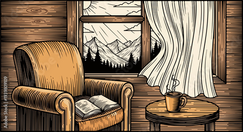 Armchair with open book beside round table and window curtain illustration
