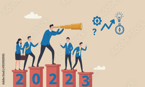 Year 2023 outlook, business opportunity new challenge ahead vision make decision move forward plan perspective concept, confidence team red pillar businessman look through telescope year 2023
