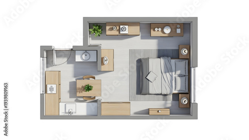 Minimalist Bedroom Layout CAD 2D Top Plan Furniture Placement Modern Simple Design Illustration on White Background