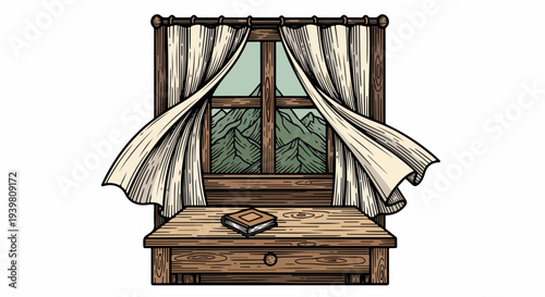 Centered cabin window above wooden desk with curtains book and mountain view