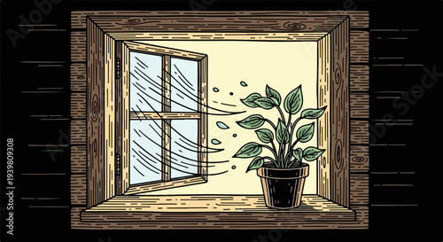 Open side window with wind lines and potted plant in wooden frame
