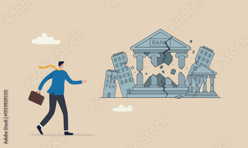 Banking bankruptcy bigger crash credit risk, failure or investment failure concept, frustrated businessman look at collapsing bank building