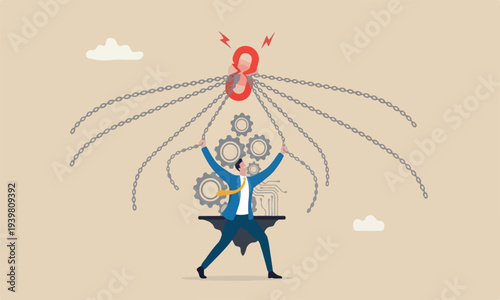 Single point failure, or vulnerable weak point to make all system down, important point to hazard or beware danger concept, businessman at try so hard to hold multiple chain to avoid failure.