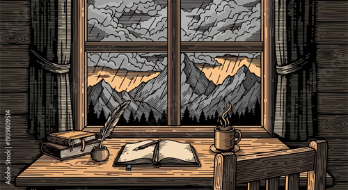 Wooden writing desk with open notebook quill and mountain storm view from window
