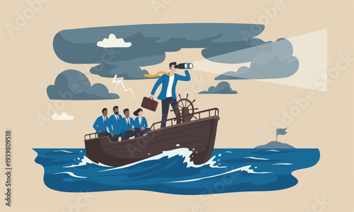 Vision to see, strategy to win business concept, businessman leader look through binocular on the ship in storm ocean