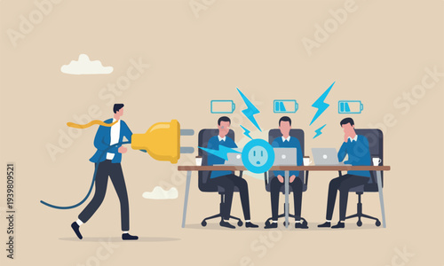 Recharge meeting teams together energy uphill mountain peak overworked or burn out concept, businessman manager holding huge electric plug to recharge low battery exhausted businessman worker.