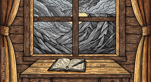 Wooden table with open book and pen in front of mountain window and curtains