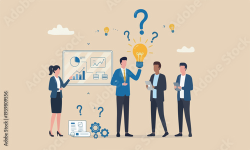 Experiment two small flag on red pillars concept, businessman experimenting new idea lightbulb to invent new product.