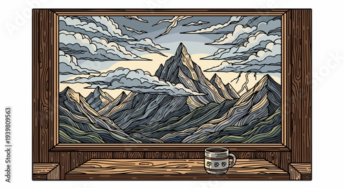 Panoramic mountain view in wooden frame with cup on window ledge
