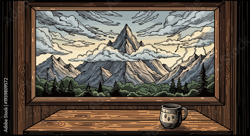 Framed mountain landscape through wooden window with mug on the sill