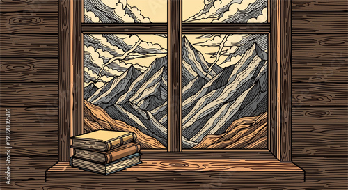 Cabin window with mountain view and stack of books on wooden sill