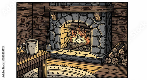 Stone hearth fireplace with mug table and firewood stack illustration