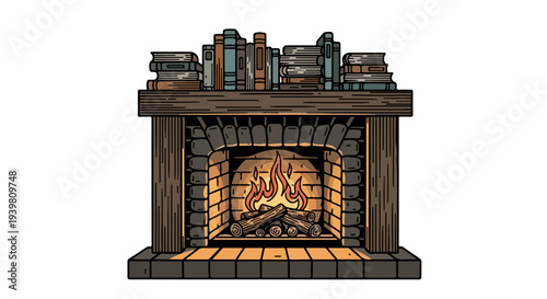 Arched stone fireplace with books on mantel illustration