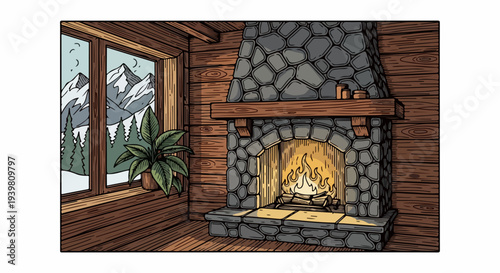 Cabin interior with stone chimney fireplace window mountains and potted plant illustration
