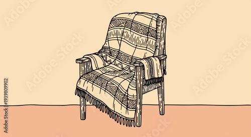 Wooden armchair with patterned blanket isolated on beige background