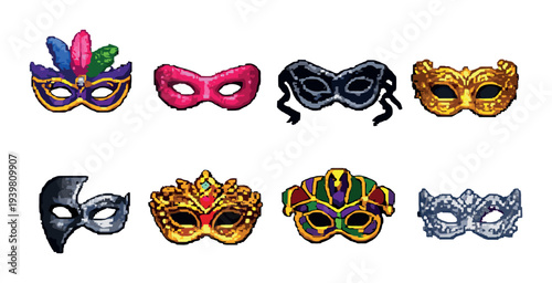 Masquerade masks in various styles displayed on gray background