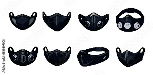 Respirator and protective face masks arranged on gray background