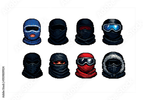 Balaclava masks arranged in grid on dark gradient background