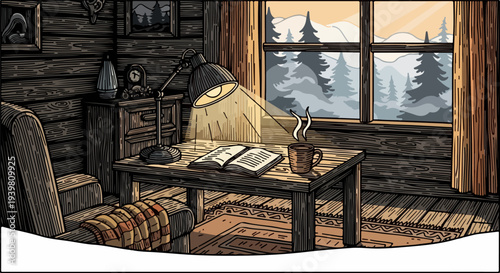 Attic reading corner with desk lamp open book and mountain view window