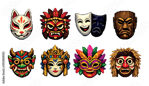 Cultural masks arranged in grid on neutral gradient background