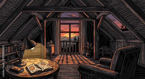 Attic loft interior with round table armchairs stove and sunset window